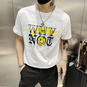 白色2021店主风精神小伙修身男式印花短袖T恤社会t T054-P45控69图片