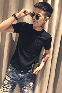 黑色 2020精神小伙修身男式针织短袖T恤社会tee T158-P58控78图片
