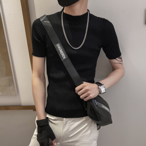 黑色2021精神小伙修身男式针织短袖T恤 社会tee T184-P50控68图片