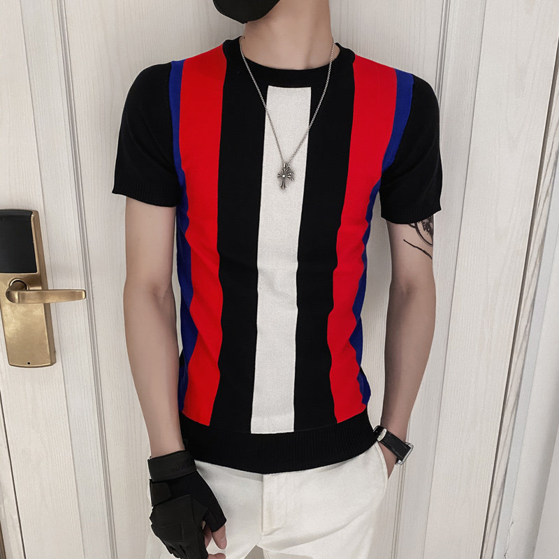 黑色2021精神小伙修身男式针织短袖T恤社会tee T220-P48控68图片