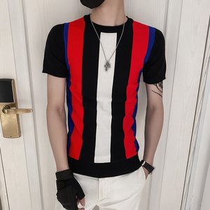 黑色2021精神小伙修身男式针织短袖T恤社会tee T220-P48控68图片