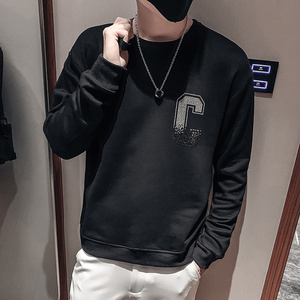 黑色2023秋装社会小伙修身印花圆领卫衣男潮W6004-P55控价78