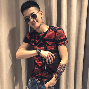 红色 2020精神小伙修身男式针织短袖T恤社会tee T165-P38控58图片