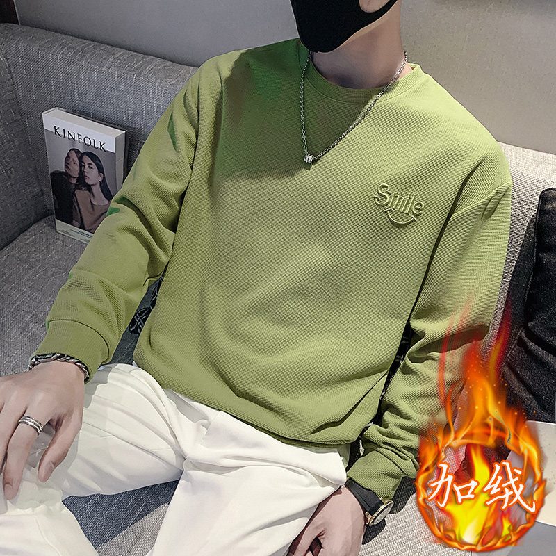 灰色2023冬装修身印花圆领加绒卫衣男潮W6003加绒-P58控88,男装卫衣,电商A108