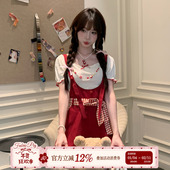 红莓杏语 甜美少女风红色连体裤 女夏可爱减龄背带裤 织物猪 短裤 子