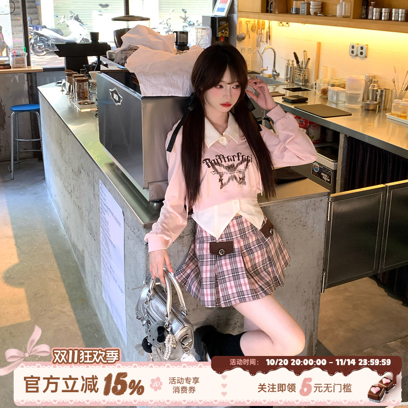 学院风粉色卫衣外套衬衫短裙套装