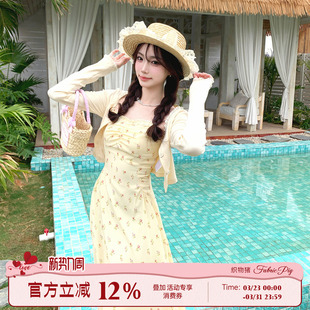 两件套 甜美度假风碎花吊带连衣裙女夏日穿搭开衫 织物猪 异域公主