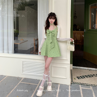 织物猪 绿色印花吊带连衣裙女夏日蝴蝶结独特漂亮小短裙 莫奈花园