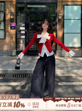 织物猪 草莓牛仔 高智感红色波点假两件衬衫女秋收腰撞色长袖上衣