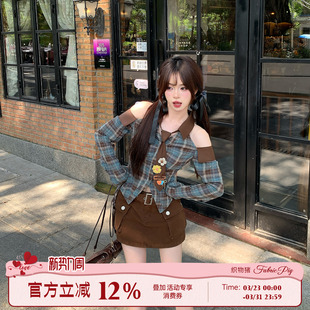 女春季 织物猪 上衣套装 甜酷风露肩格子衬衫 高腰a字短裙 小熊咖啡