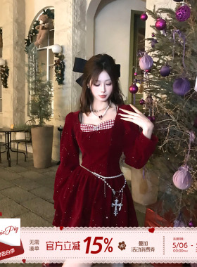 织物猪 莓果星尘 新年氛围感红色丝绒连衣裙女秋冬收腰花苞短裙子
