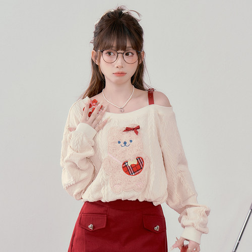 织物猪 椰椰草莓 早秋元气减龄露肩上衣女辣妹氛围感穿搭红色半裙