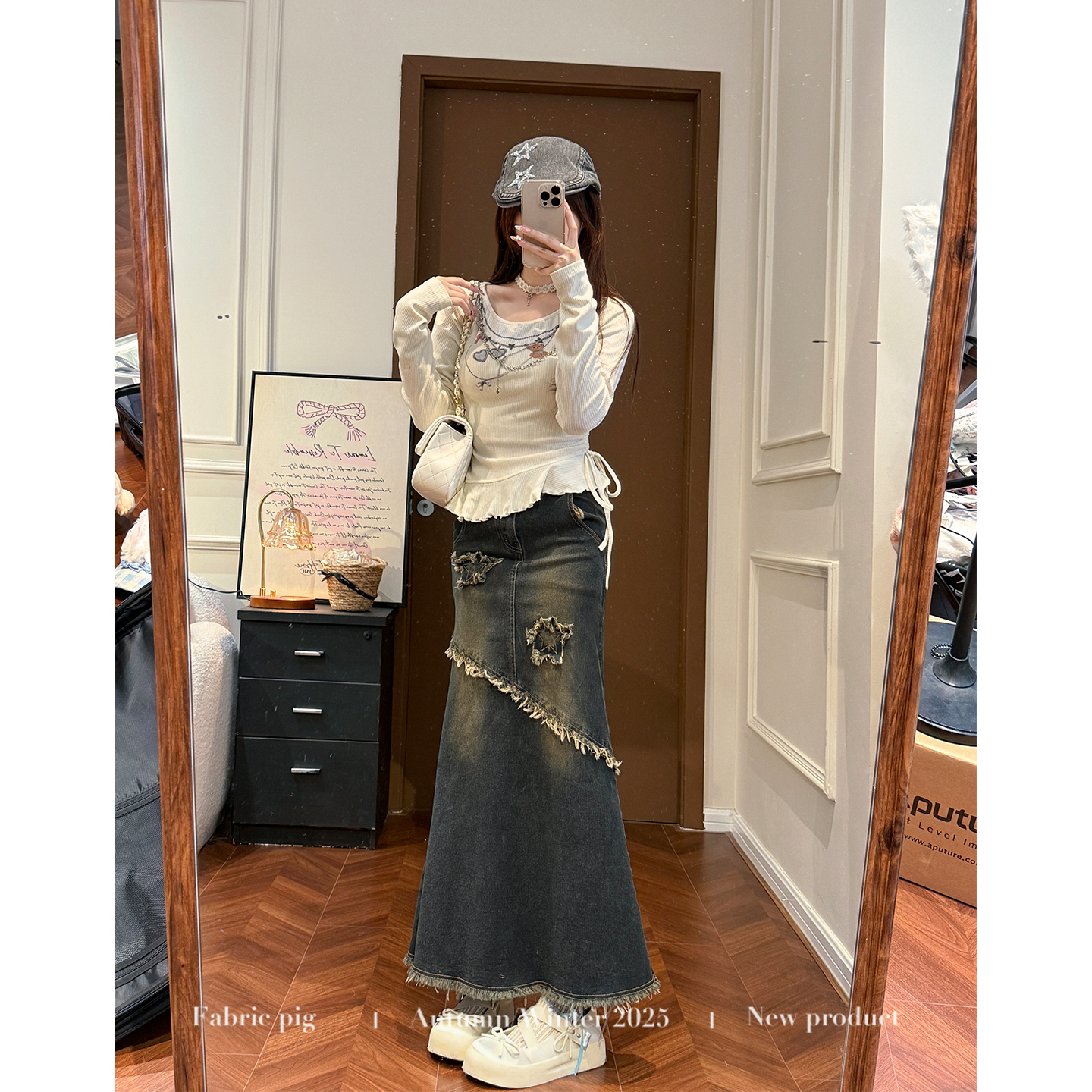 复古风不规则牛仔半身裙