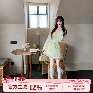 连衣裙女春娃娃领收腰短裙 miu系千金风波点长袖 织物猪 奶油泡芙