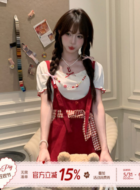 织物猪 红莓杏语 甜美少女风红色连体裤女夏可爱减龄背带裤短裤子