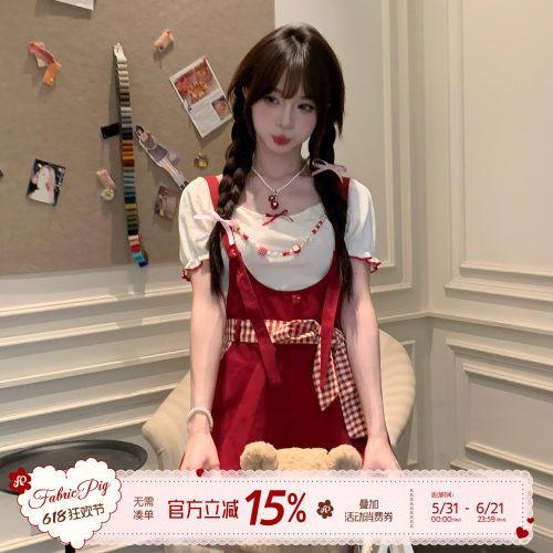甜美少女风红色连体裤背带裤