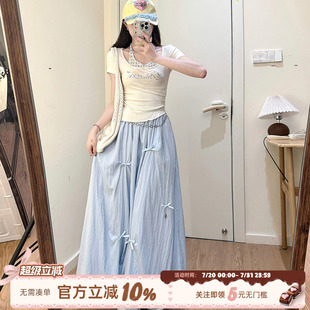 织物猪 蝴蝶结大摆中长伞裙 蓝铃风语 甜美风蓝色a字半身裙女夏季
