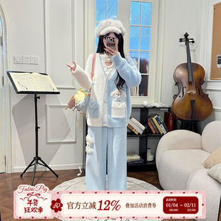 织物猪 蓝白精灵 甜美风蓝白色V领开衫毛衣女冬慵懒感针织衫外套