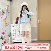 不规则针织衫 甜美风蓝色半高领毛衣女冬季 上衣 海盐云朵 织物猪