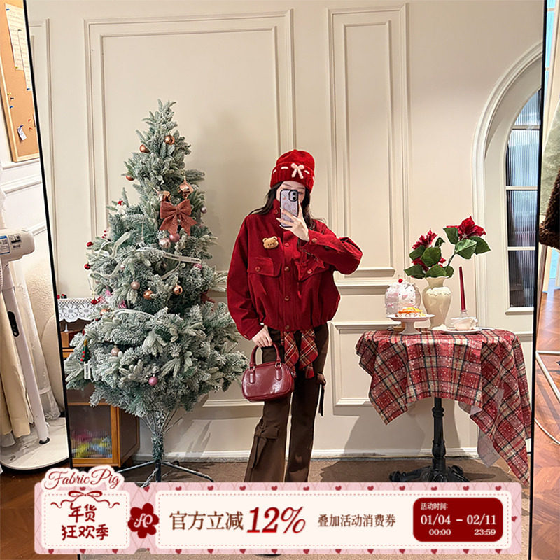 织物猪 树莓可可 美式复古红色夹克上衣女秋冬短款长袖夹棉外套,女装/女士精品,短外套,淘宝优惠券,粉丝福利购,淘宝优惠卷