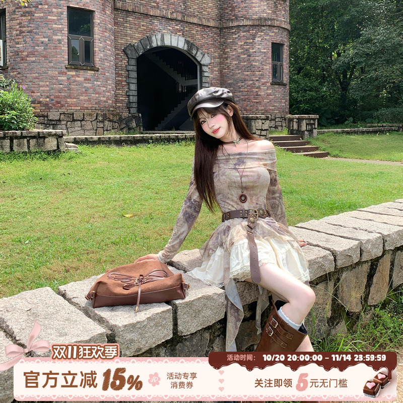 织物猪 复古原野 废土辣妹风棕色一字肩飘带上衣女蓬蓬短裙套装