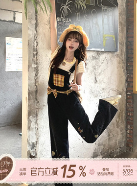 织物猪 黄油拿铁 甜酷风黑色刺绣牛仔背带裤女原创直筒减龄长裤子