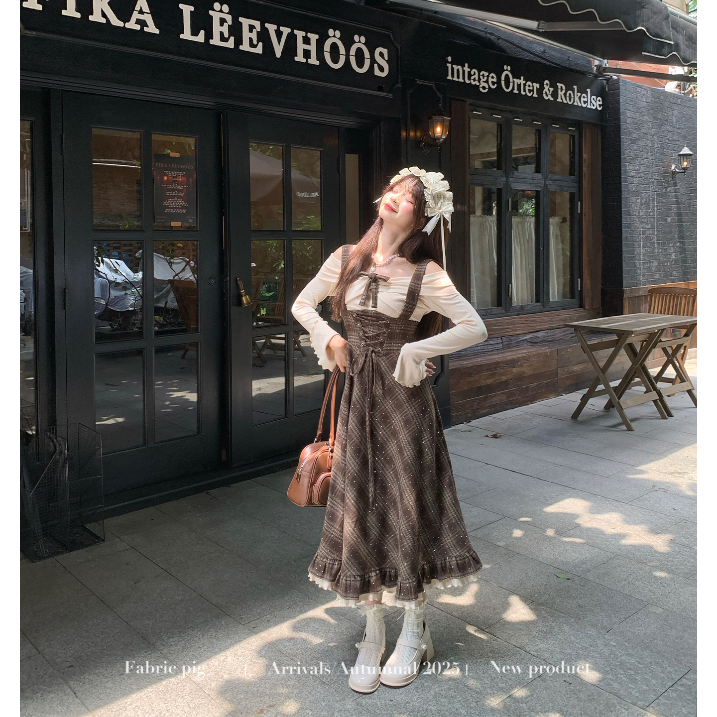 复古格纹假两件一字肩连衣裙女秋