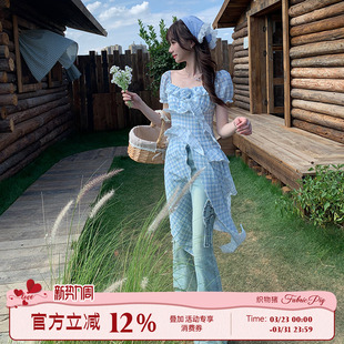 织物猪 蓝色开叉格纹连衣裙女夏日绝美度假不规则拖尾裙 蝴蝶絮语