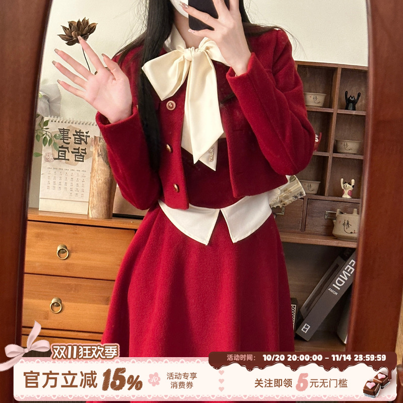 玫瑰物语 织物猪原创 红色学院风节日氛围感秋冬收腰显瘦JK制服