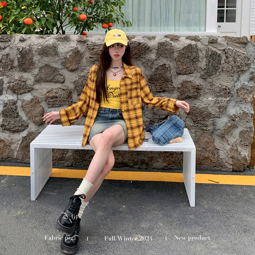 美式复古黄色格纹长袖衬衫女