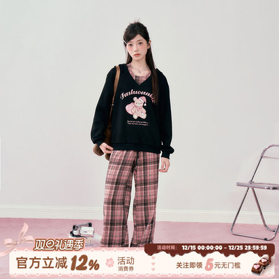 织物猪 紫芋恋人 甜酷风黑色连帽卫衣女秋季小熊印花宽松长袖上衣