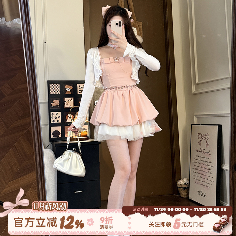 织物猪 霜糖物语 甜美约会花苞连衣裙女夏日吊带裙浪漫公主短裙子