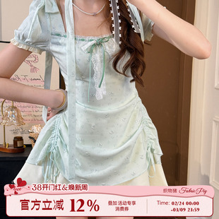 织物猪 香草布丁 甜美风方领提花连衣裙女收腰拼接绿色花苞短裙子