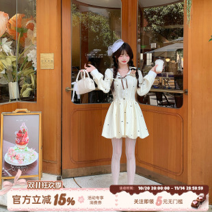 海军领减龄短裙子 miu系甜美风花苞连衣裙女秋季 织物猪 绵糖云朵