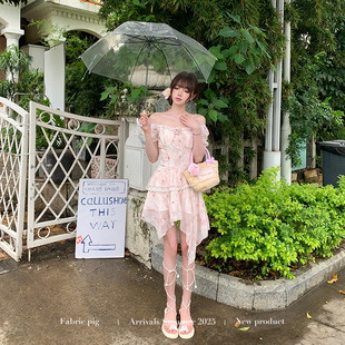 织物猪 恋爱告急 约会纯欲风一字肩连衣裙女夏日两穿泡泡袖短裙子