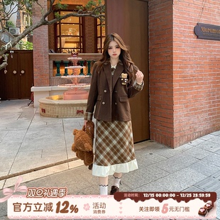 外套女秋复古小熊咖色西服上衣 美拉德学院风西装 织物猪 松茶可可