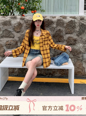 织物猪 芒果罐头 美式复古黄色格纹长袖衬衫女春夏甜酷风衬衣外套