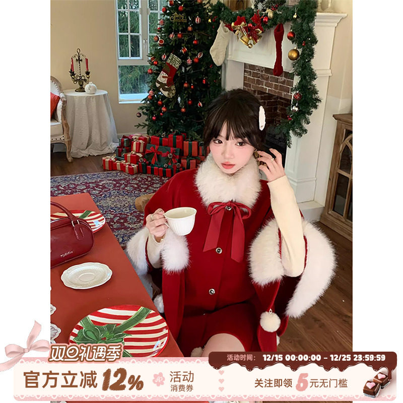 织物猪 冬日协奏曲 千金风复古红色斗篷外套女冬圣诞新年穿搭战袍