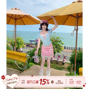 织物猪 桃桃曼波 蓝粉穿搭多巴胺短裙女甜妹夏日绝美半身小裙子
