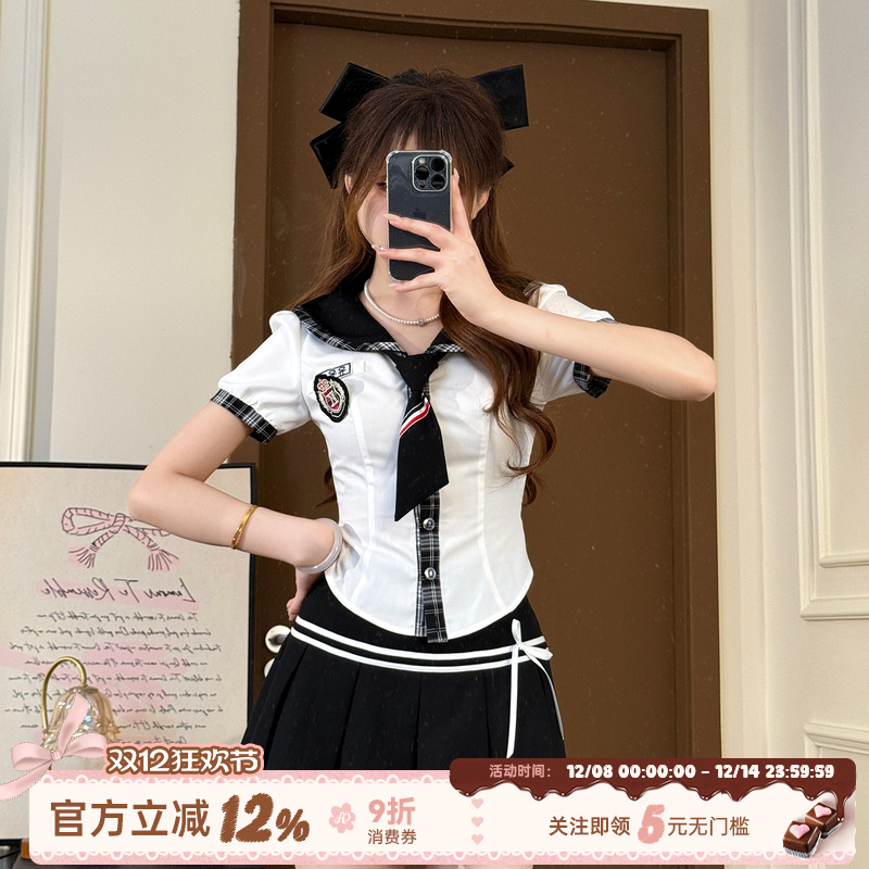 织物猪 斯图尔学院 海军领jk制服衬衫套装女a字百褶短裙子两件套
