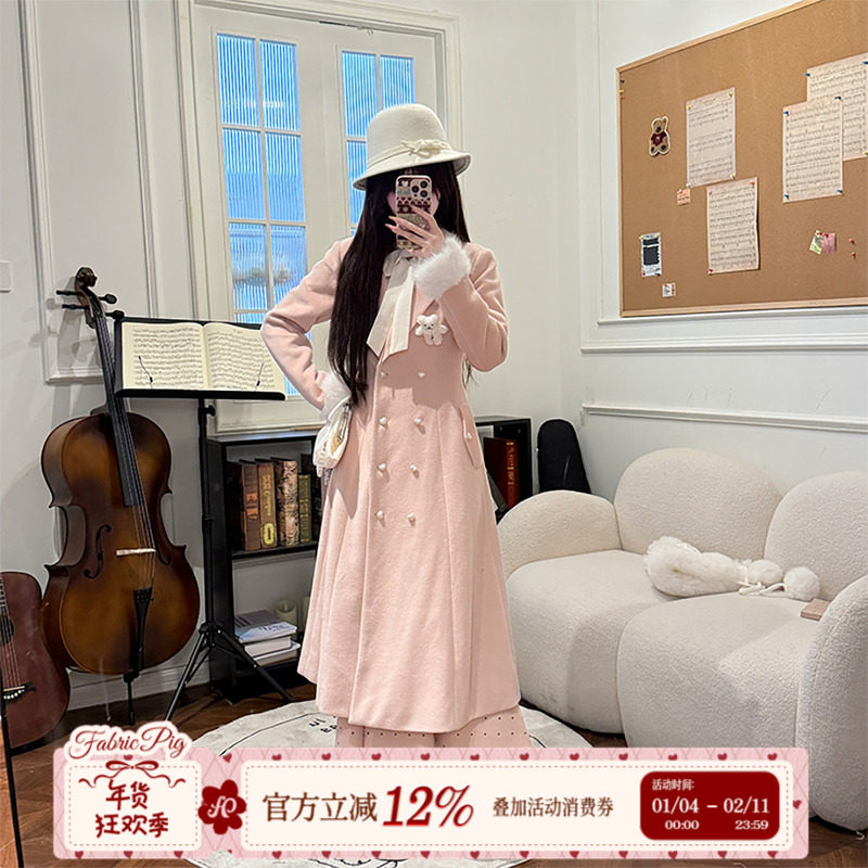 织物猪 丝绒巧乐兹 甜美千金风粉色毛呢外套女冬加厚收腰长款大衣,女装/女士精品,毛呢外套,淘宝优惠券,粉丝福利购,淘宝优惠卷