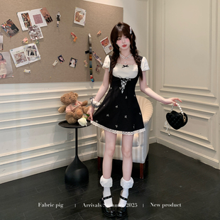 织物猪 摩登黑精灵 甜美千金假两件黑白撞色连衣裙女夏收腰短裙子