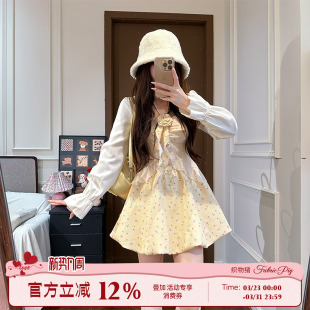 织物猪 甜美风黄色格纹碎花连衣裙女秋拼接方口领花苞裙 奶油布丁