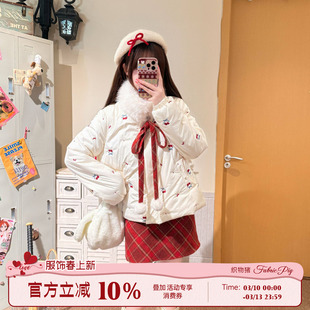 织物猪 樱桃酪酪 甜美风白色毛领棉服女冬季新年氛围短款棉衣外套