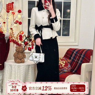 织物猪 古堡千金 黑白色小香风气质粗毛呢外套女黑色半裙两件套装