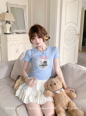 织物猪 椰椰奶糖 甜美风套装白色蓬蓬短裙夏季修身印花上衣两件套