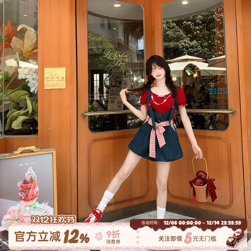 织物猪 红莓杏语 甜美少女风牛仔蓝连体裤女夏可爱减龄背带裤短裤