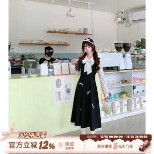 黑白撞色气质长裙 千金风假两件波点连衣裙女秋季 织物猪 黑雪浮光