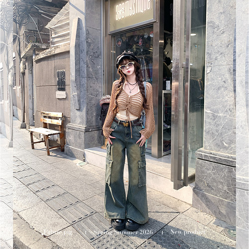 甜酷风罩衫吊带牛仔裤套装女