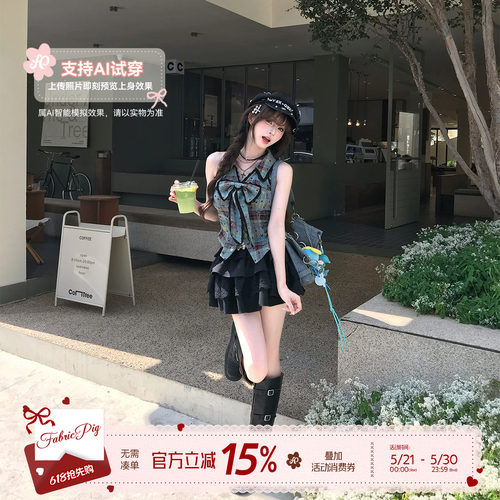 美式复古甜酷风格纹无袖上衣女